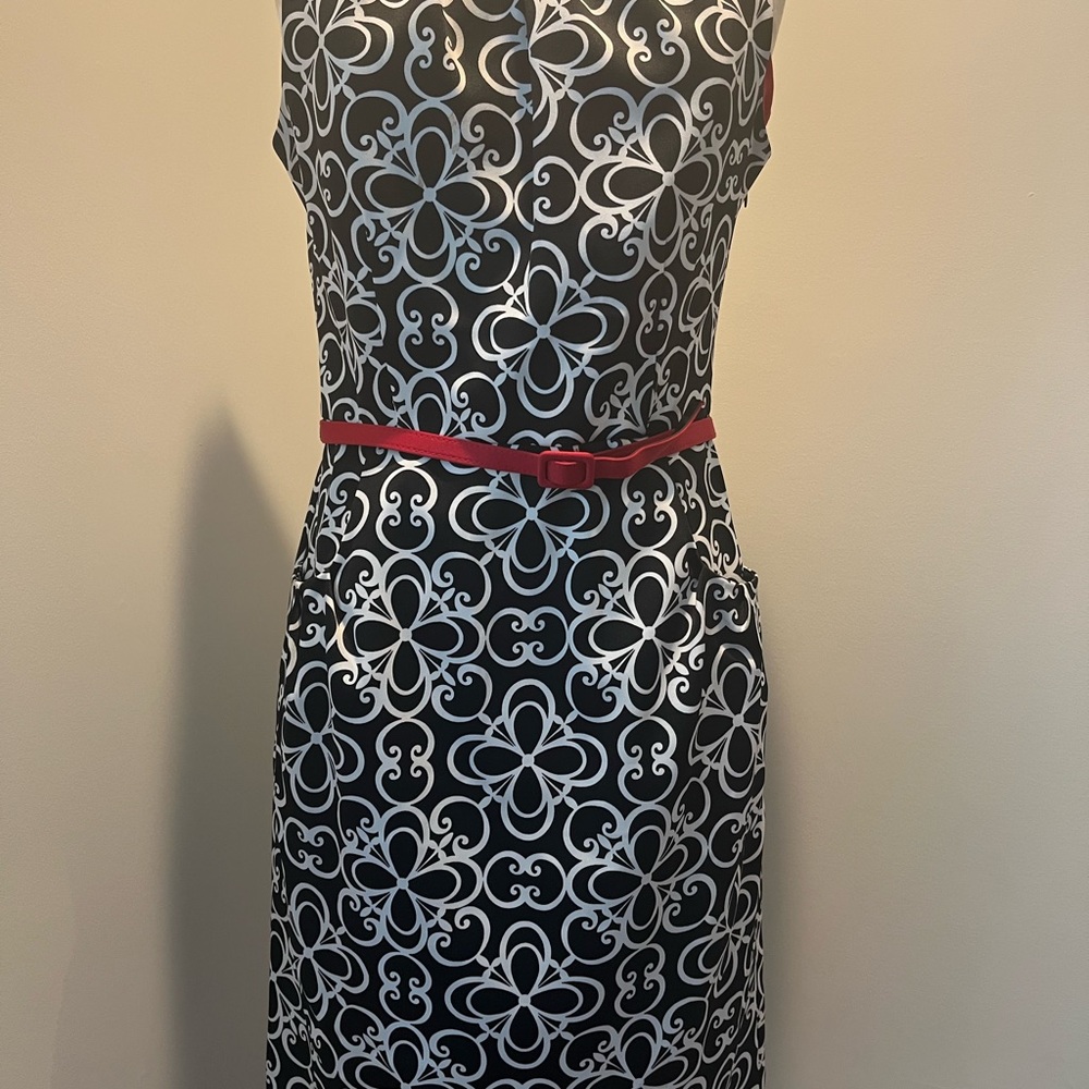 Black and White Floral Swirl Dress with Red Accents